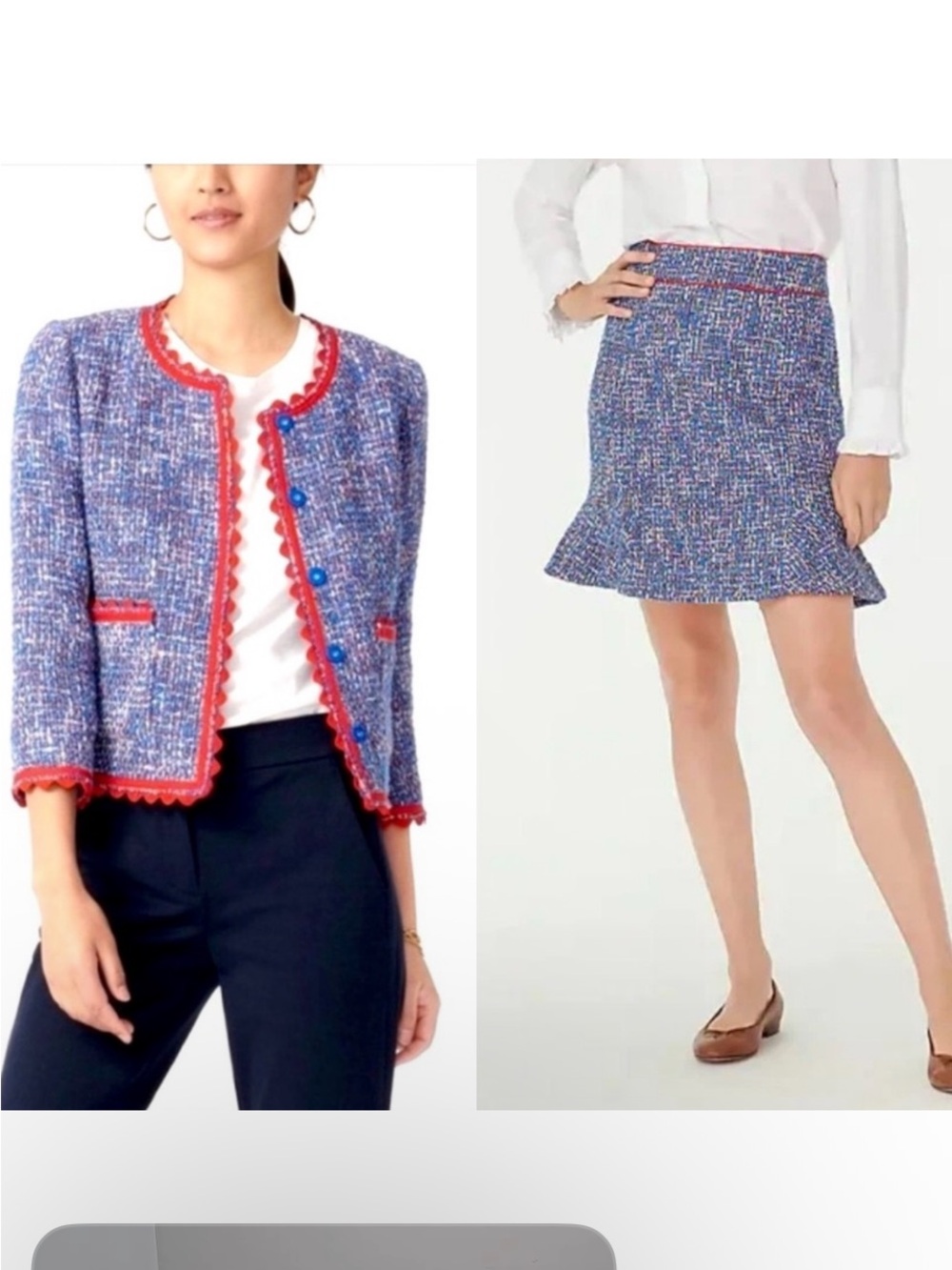 J. Crew Blue Red Rickrack  Trim The Lady Jacket Skirt Suit Autumn Tweed Size 12